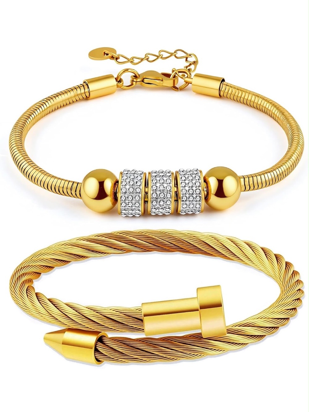Anthropologie Gold-Tone Crystal & Twisted Cable Bracelet Duo